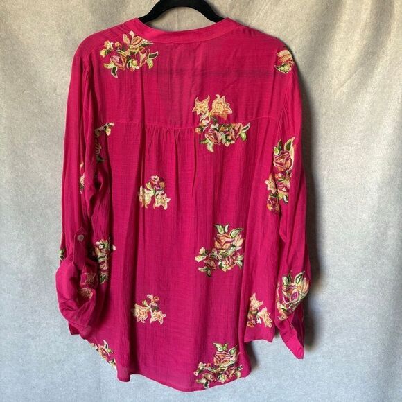 Figueroa & Flower Pink Magenta Floral Embroidered Button Down Top Size XL - Picture 2 of 7